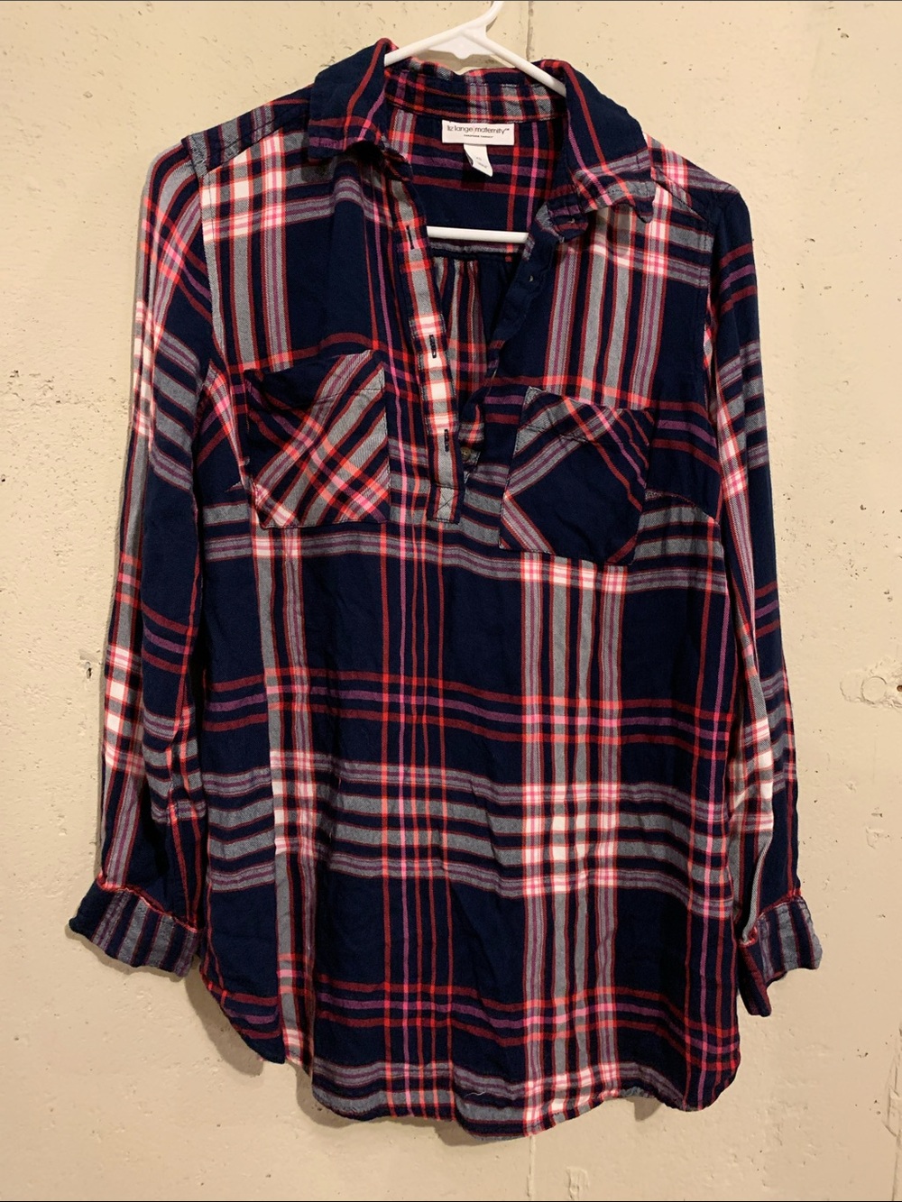 Maternity Tunic Top Long Sleeve Plaid Button Front Popover Shirt Size XS